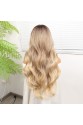 Kumral Dore Sarı Ombre  ve Röfleli Fiber Sentetik Geniş Dalgalı Tül Peruk