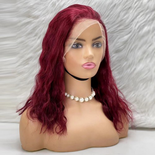 Doğal Dalgalı Küt Front Lace Gerçek Tül Peruk - Koyu Kızıl