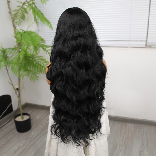 Siyah Ekstra Uzun Fiber Sentetik Dalgalı Tül Peruk