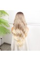 Kumral Platin Ombre  ve Röfleli Fiber Sentetik Geniş Dalgalı Tül Peruk