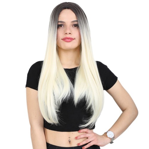 Fiber Sentetik Uzun Düz Peruk - Küllü Siyah / Platin Ombreli