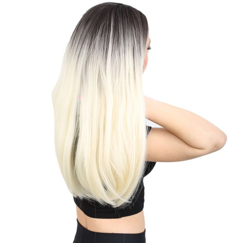 Fiber Sentetik Uzun Düz Peruk - Küllü Siyah / Platin Ombreli