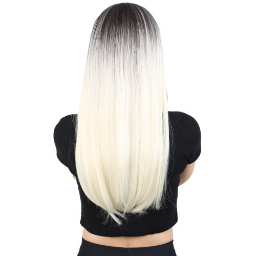 Fiber Sentetik Uzun Düz Peruk - Küllü Siyah / Platin Ombreli