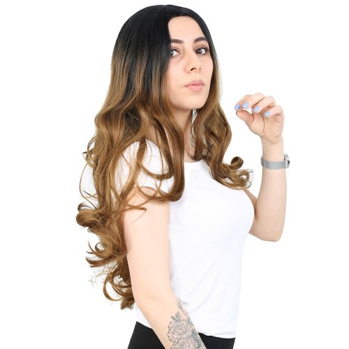 Yoğun Dalgalı Fiber Sentetik Uzun Perçemsiz Peruk - Siyah / Karamel Ombreli