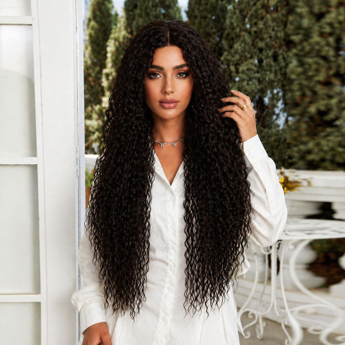 Afro Dalga Fiber Sentetik Tül Peruk - Koyu Kestane