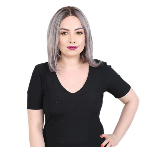 Kısa Düz Gerçek Tül Peruk - Siyah Koyu Gri Ombreli 25-30cm