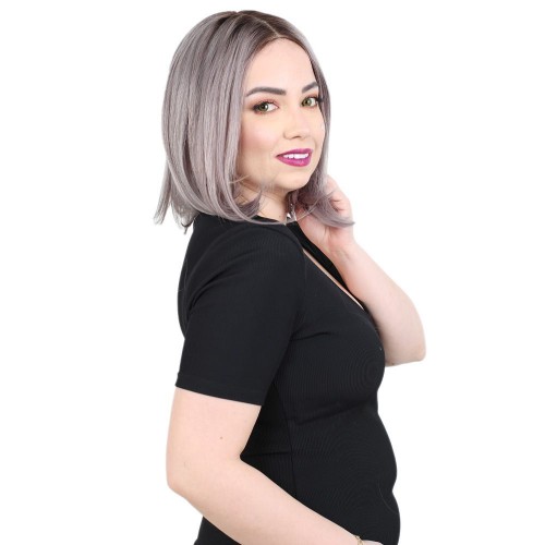 Kısa Düz Gerçek Tül Peruk - Siyah Koyu Gri Ombreli 25-30cm