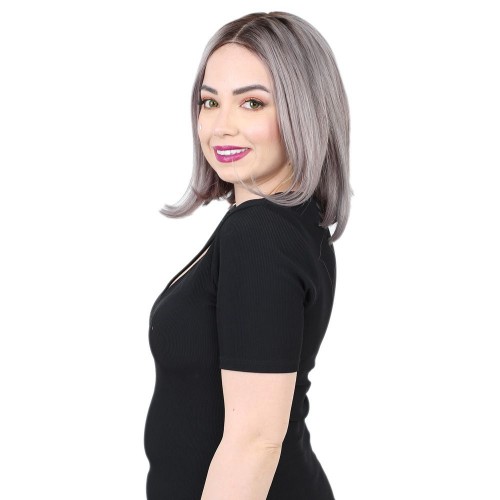 Kısa Düz Gerçek Tül Peruk - Siyah Koyu Gri Ombreli 25-30cm