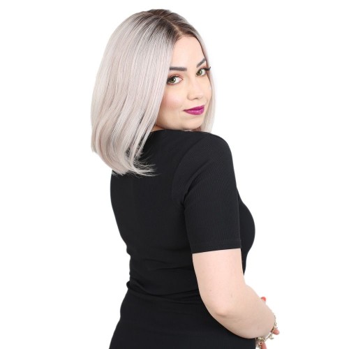 Kısa Düz Gerçek Tül Peruk - Siyah Gri Ombreli 25-30cm
