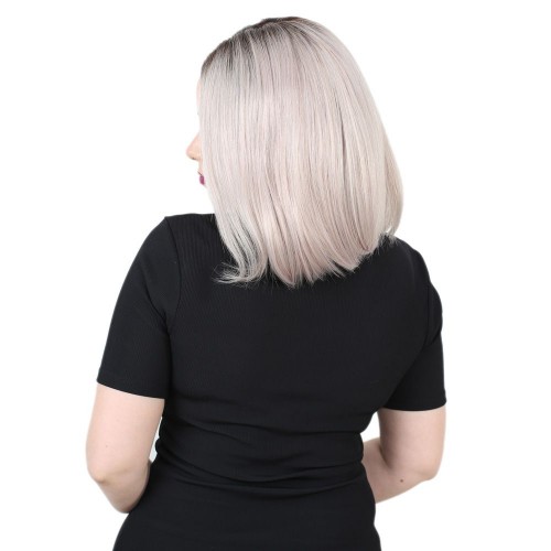 Kısa Düz Gerçek Tül Peruk - Siyah Gri Ombreli 25-30cm